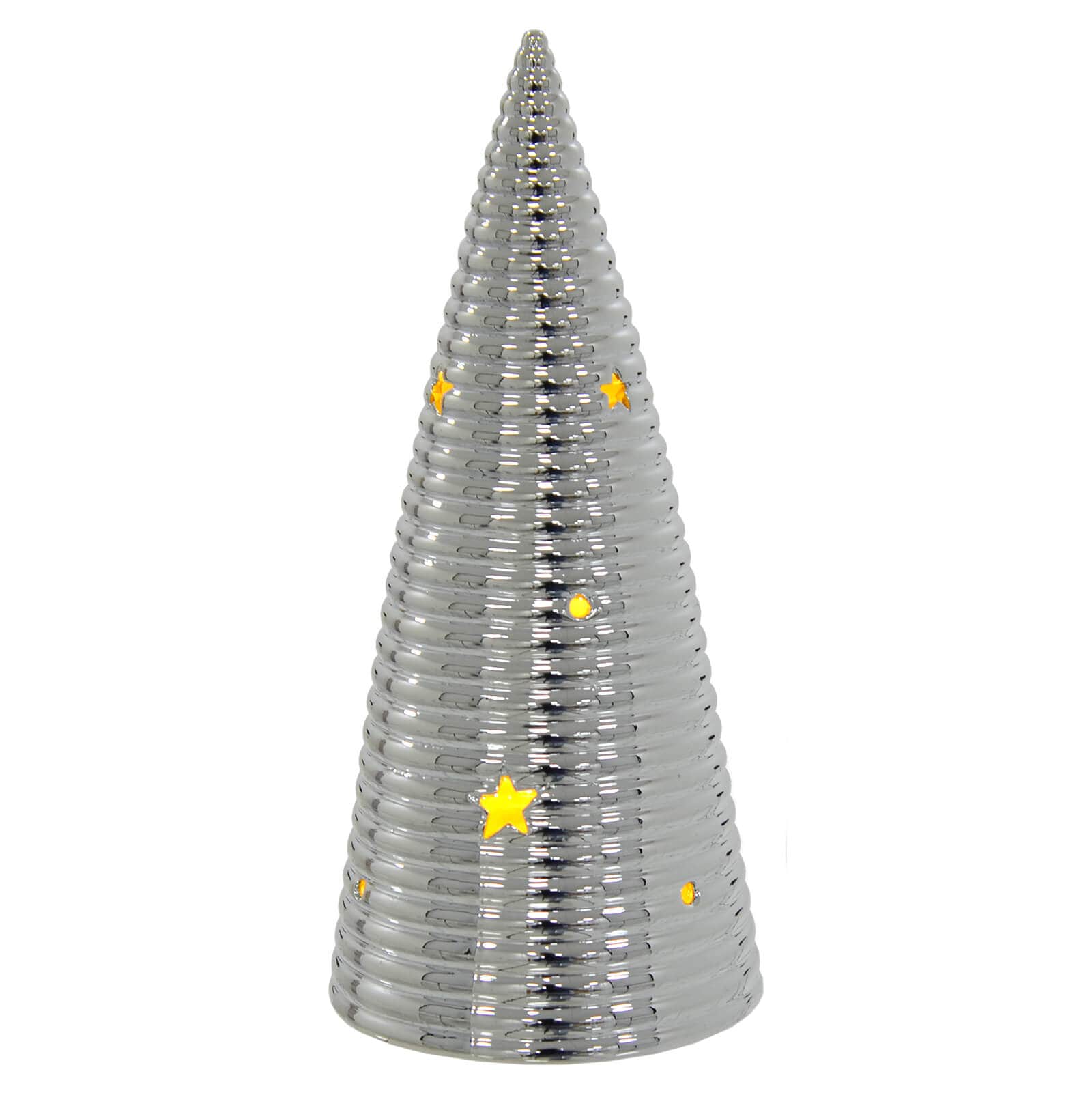 Modern cone shaped light up Christmas tree ornament in silver with warm white LED light shining through cut away stars and circles
